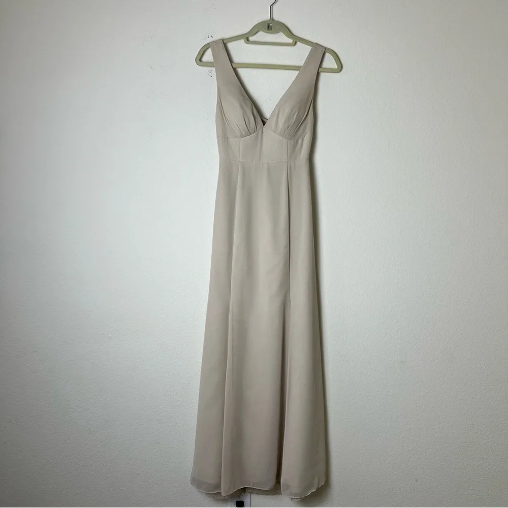 Azazie Christiana V-Neck Chiffon Maxi Gown Wedding Bridesmaid Alabaster 2